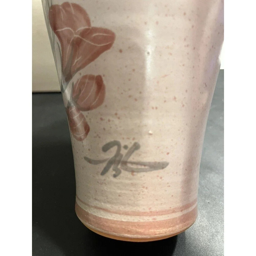 Vtg Peddlers Village Handcrafted Pottery Pink Calle Lilly 10” Vase Signed
